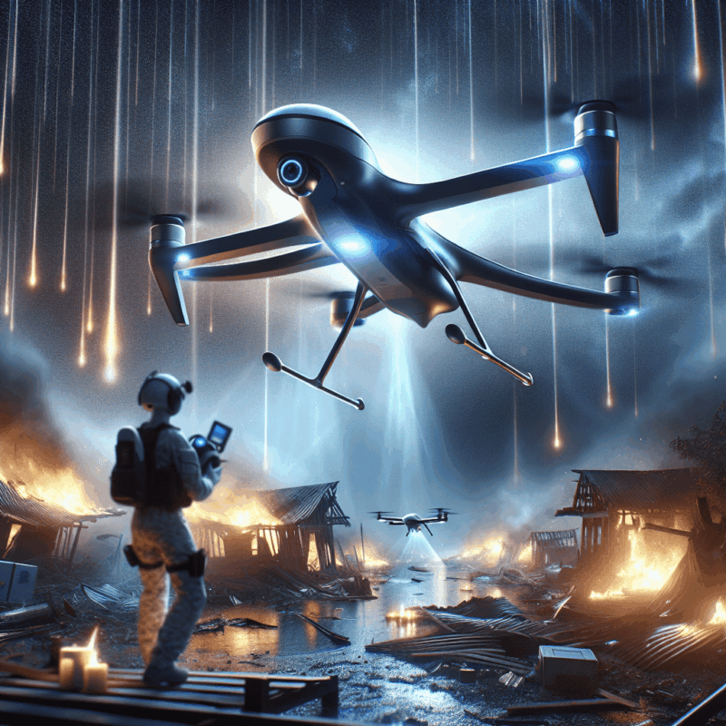 A drone flying over a disaster site assessing damage and aiding in rescue operations during an emergency response.