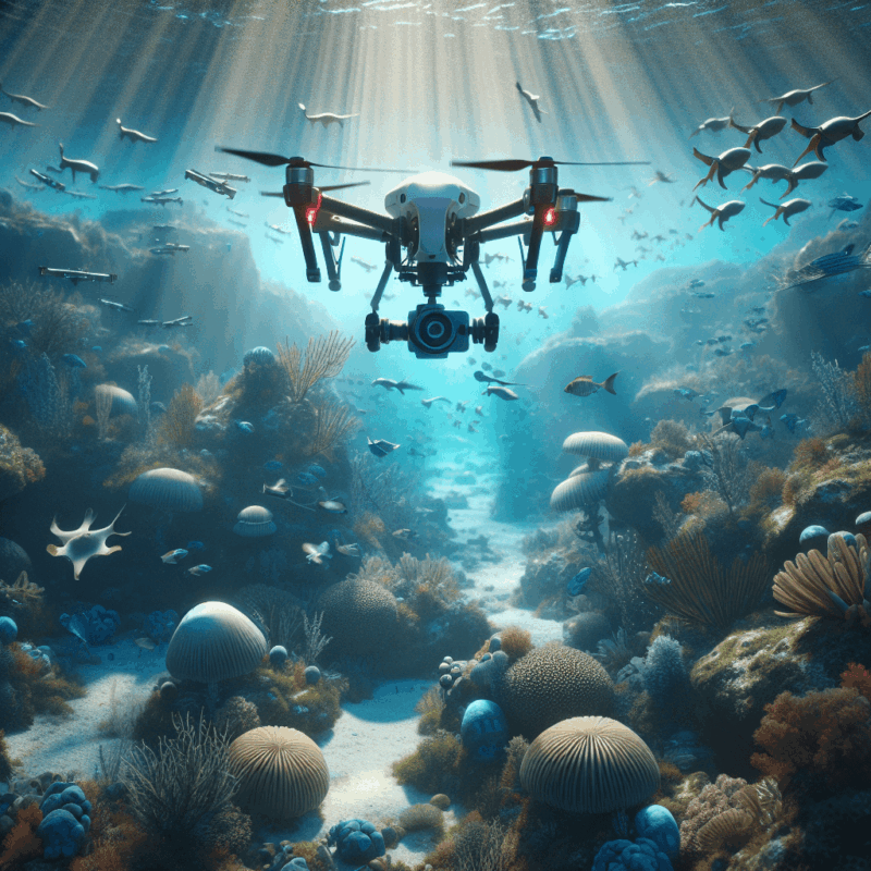 A drone flying over a marine habitat, showcasing biodiversity and research potential.