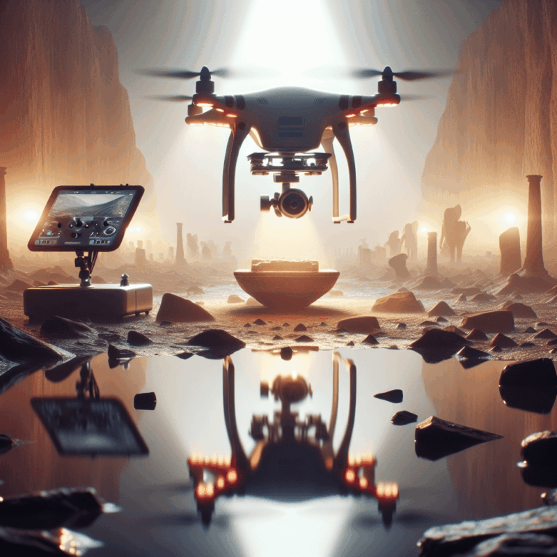 A drone flying over an archaeological site, showcasing technology in exploration.