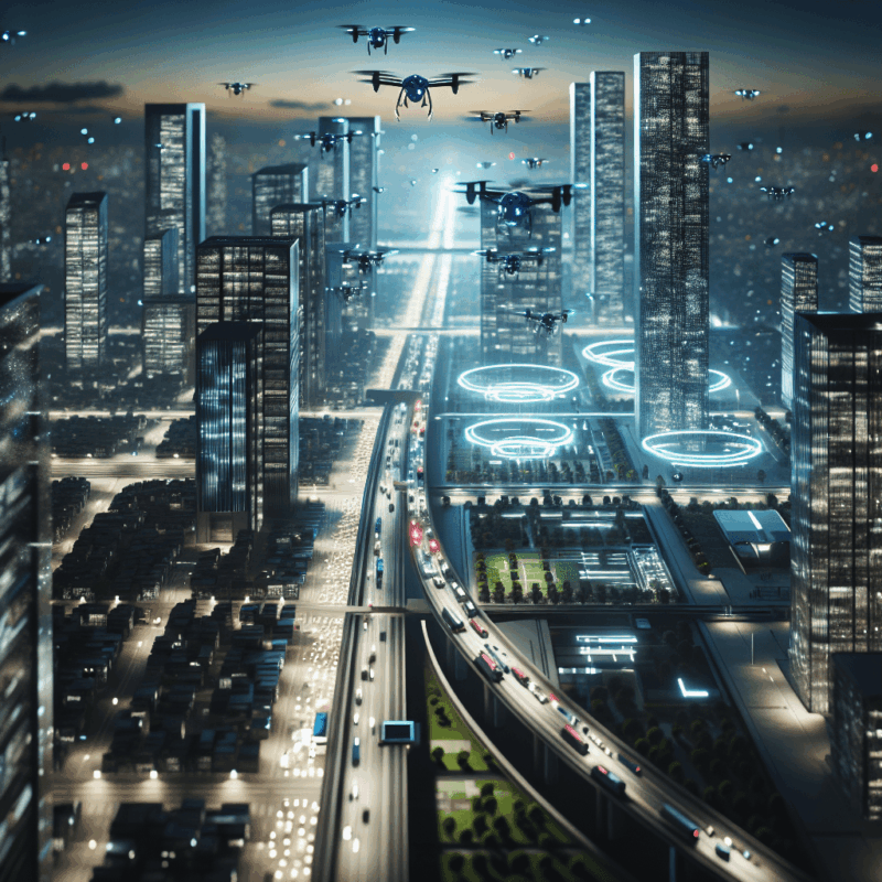 A drone surveying an urban area, showcasing modern urban planning techniques.