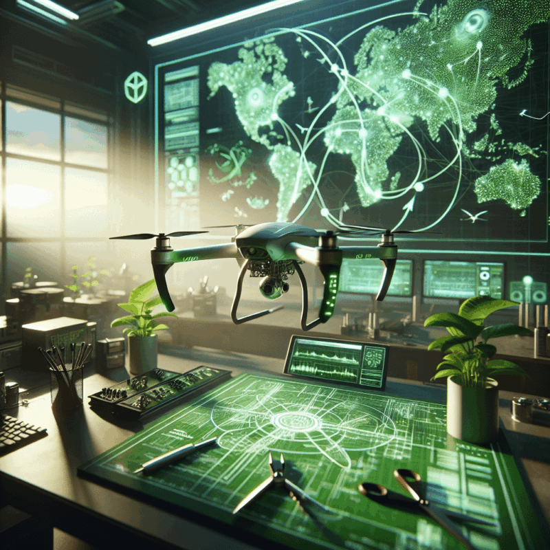 A group of eco-friendly drones flying over a lush green landscape, symbolizing sustainability and innovation in technology.