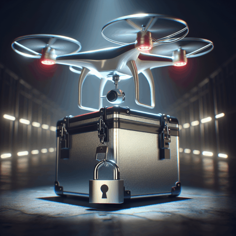 A security drone monitoring an area, showcasing aerial footage protection.