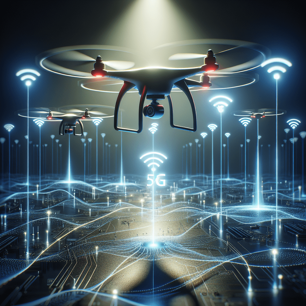 A sleek drone flying in a 5G connected environment, showcasing innovative technology and connectivity.