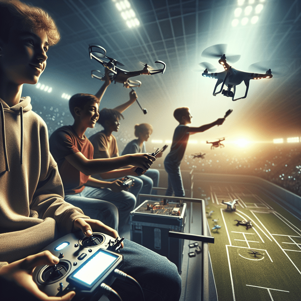 A vibrant image depicting drone racing, showcasing youth engagement and excitement.