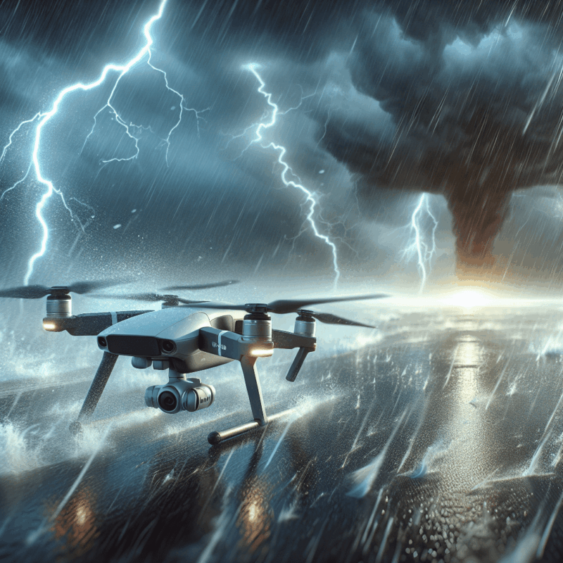 A weatherproof drone flying in stormy weather, showcasing its adaptability to extreme conditions.
