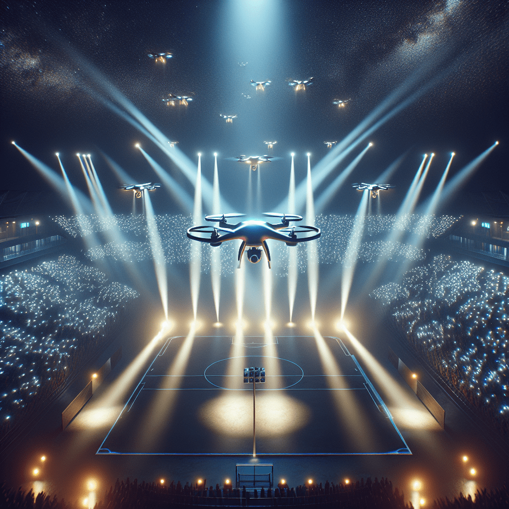 An impressive display of a drone light show illuminating the night sky.