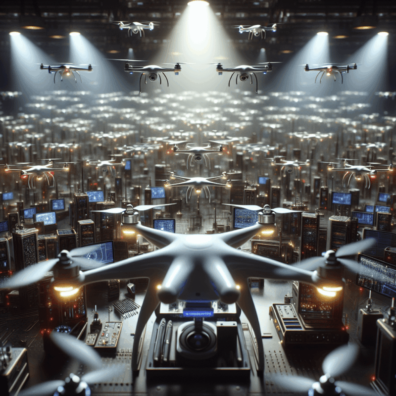 An overview illustration of drone swarming technology in action, showcasing multiple drones coordinating seamlessly.