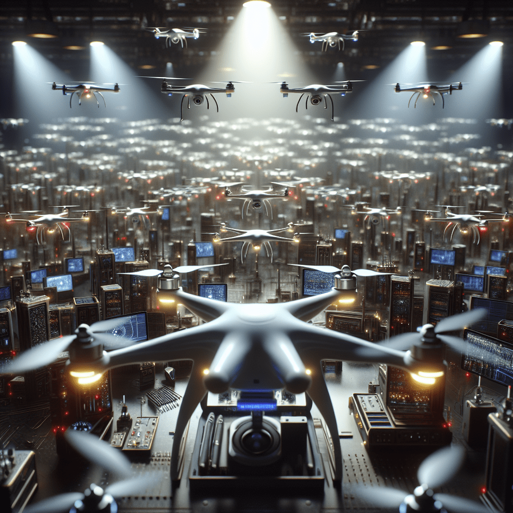 An overview illustration of drone swarming technology in action, showcasing multiple drones coordinating seamlessly.