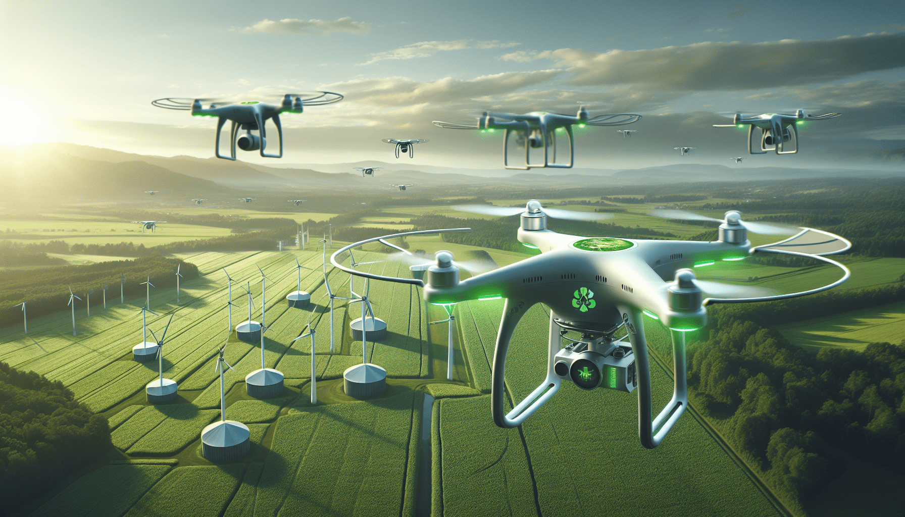 An eco-friendly drone in flight over a green landscape, symbolizing advancements in sustainable technology.