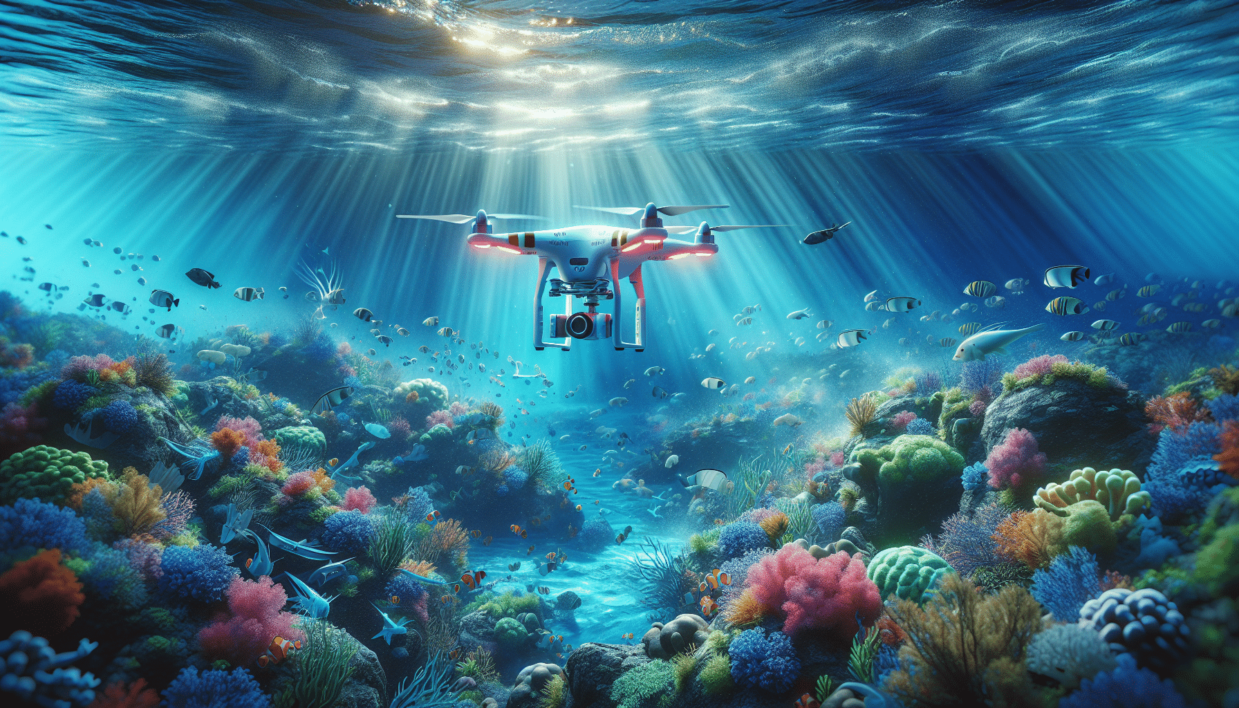 A drone capturing images of marine life along the coastline.
