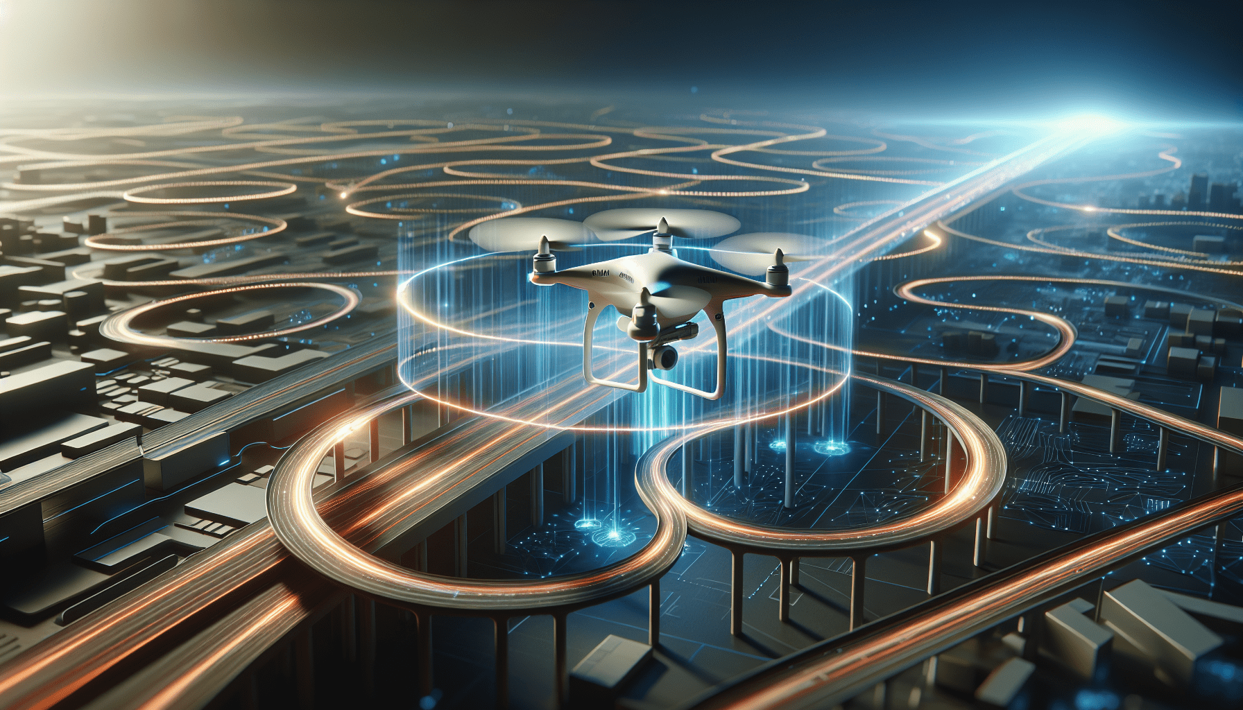 A comprehensive view of a drone utilizing advanced obstacle avoidance system in a dynamic environment.