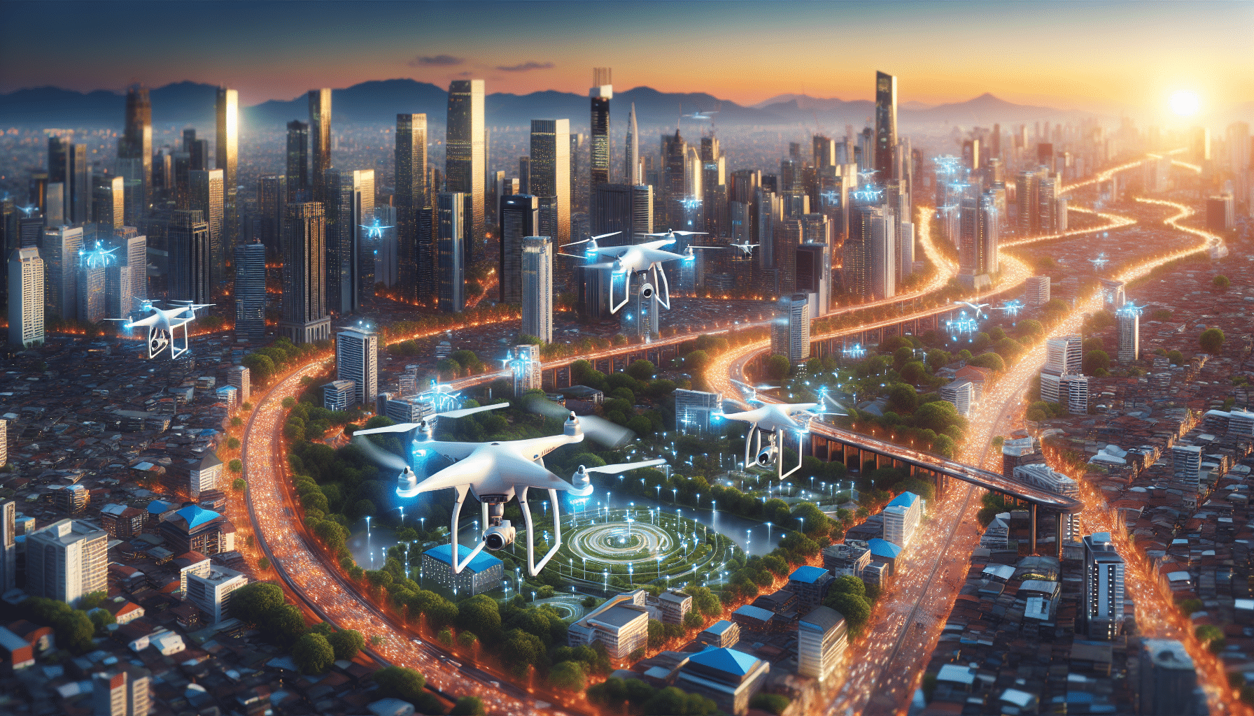 Drones in action over a city, facilitating urban planning.