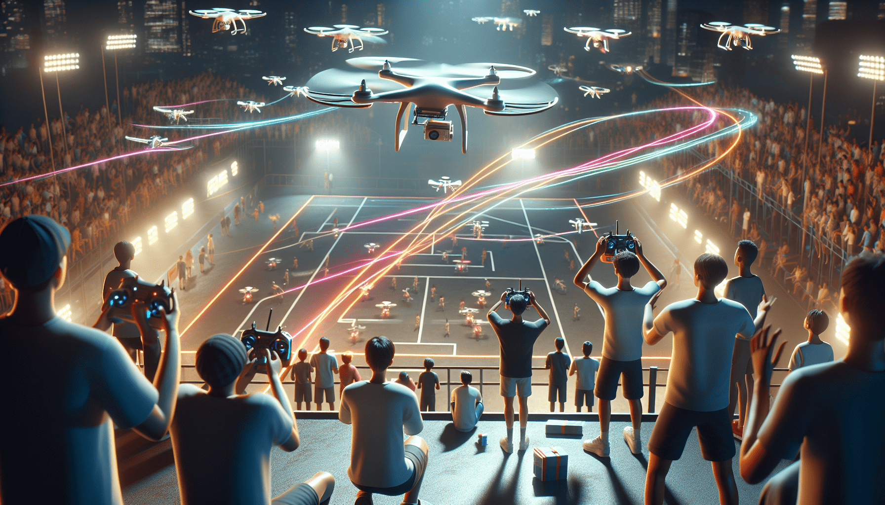 An engaging scene featuring children participating in a drone racing event, illustrating excitement and teamwork.