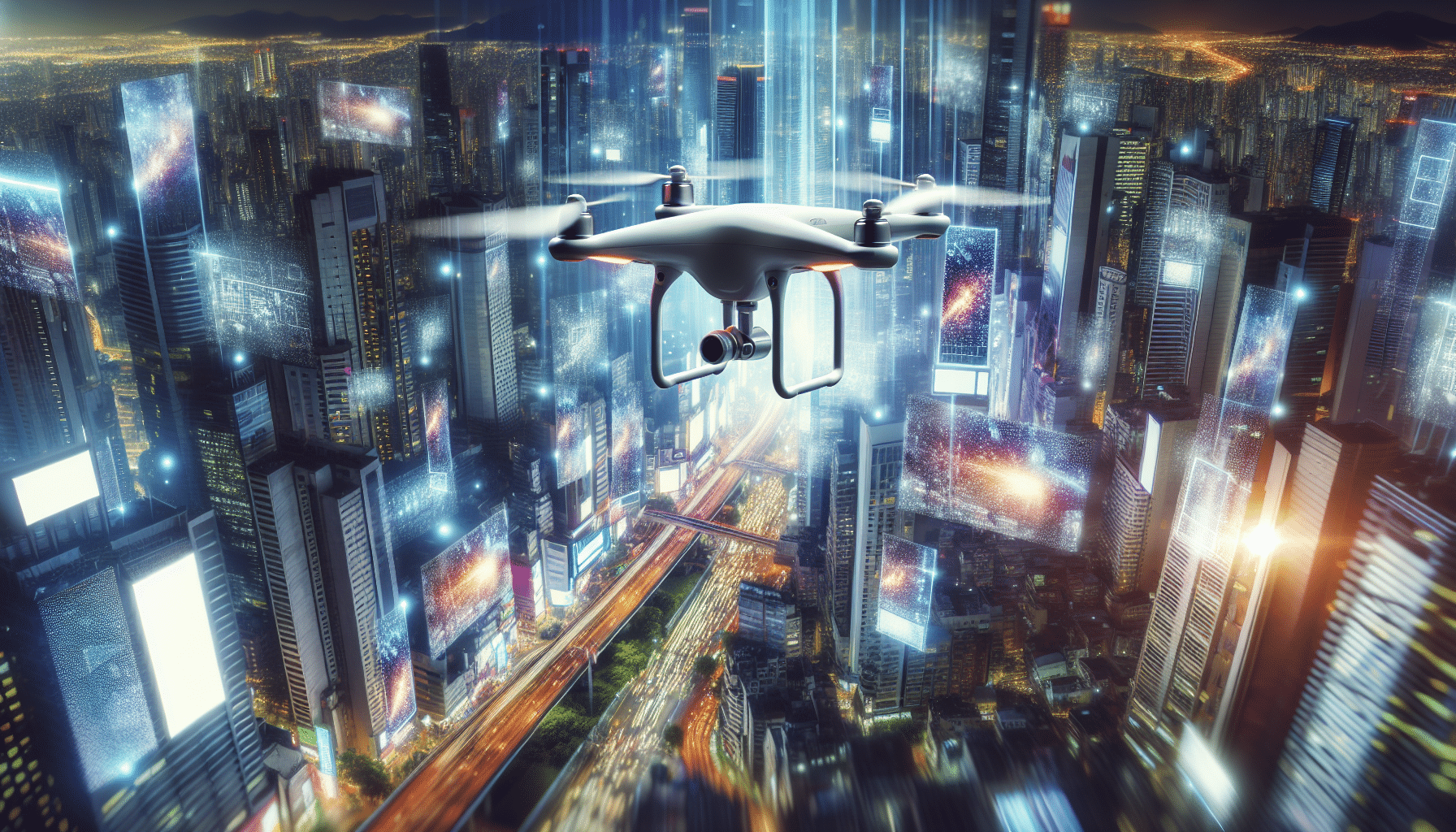 Drone flying over a city with colorful advertisements displayed in the sky.