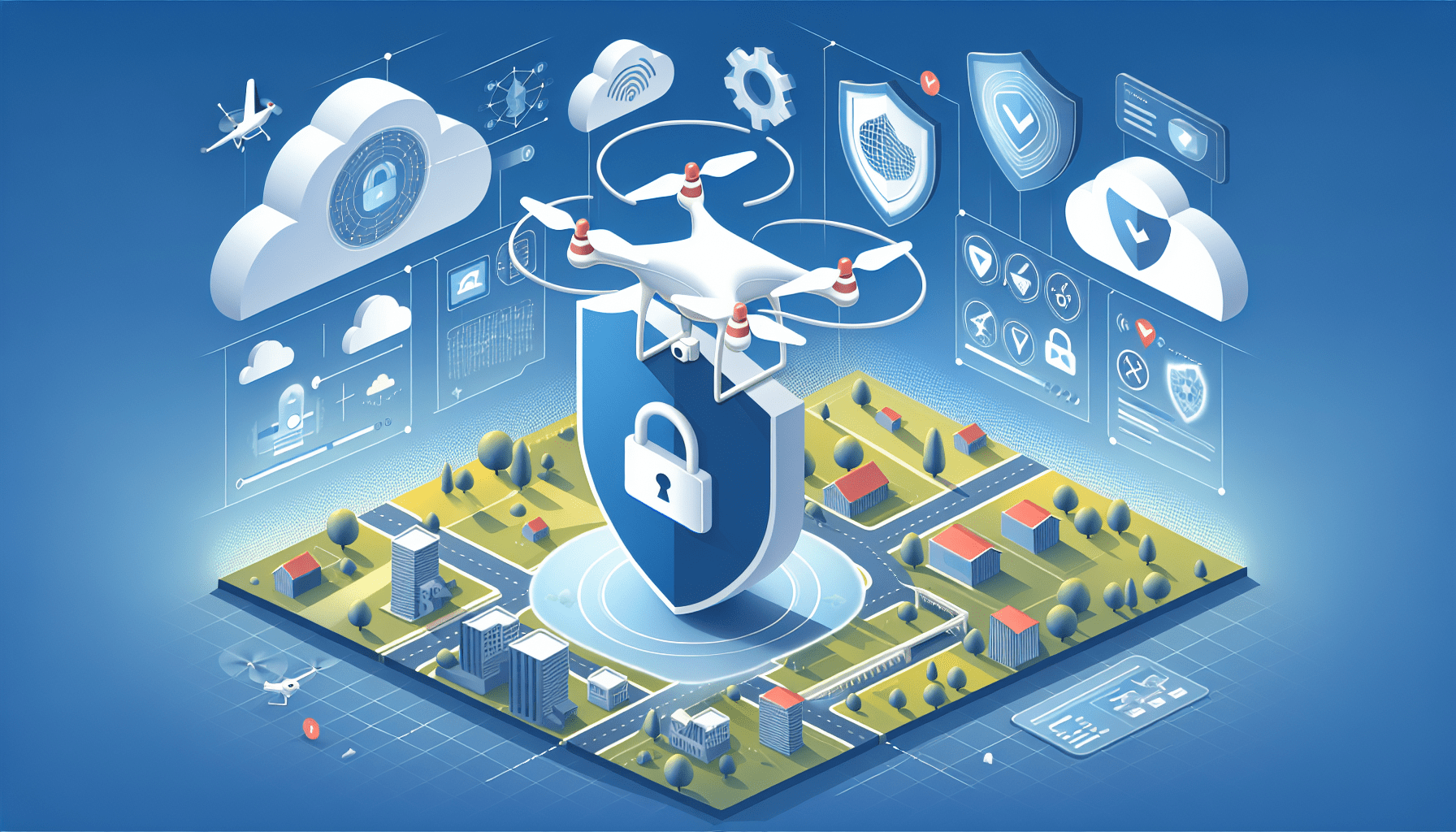 Illustration showing secure drone communication and data protection for aerial information.