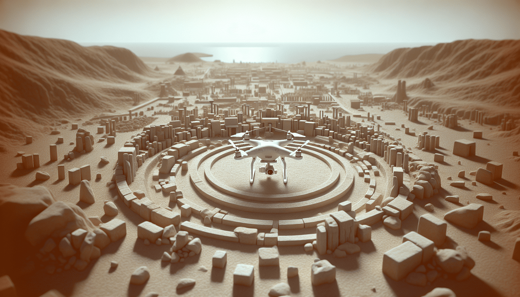 Illustration of drones surveying historic excavation site for the-impact-of-drones-on-archaeological-discoveries article.
