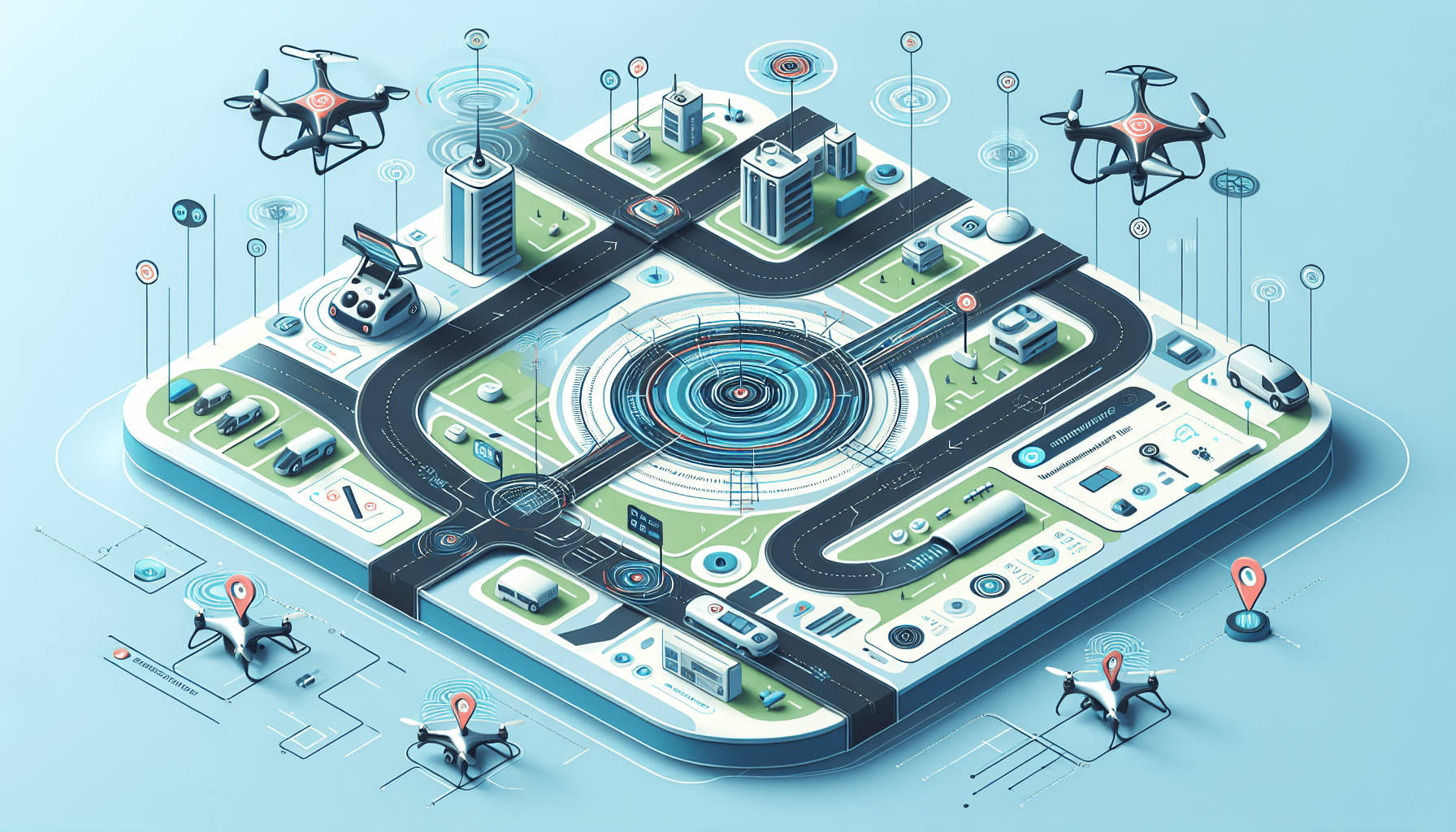 Explainer visual of modern drone navigating using sensor overlays, GNSS signals, and LiDAR scans to illustrate drone sensor technology.