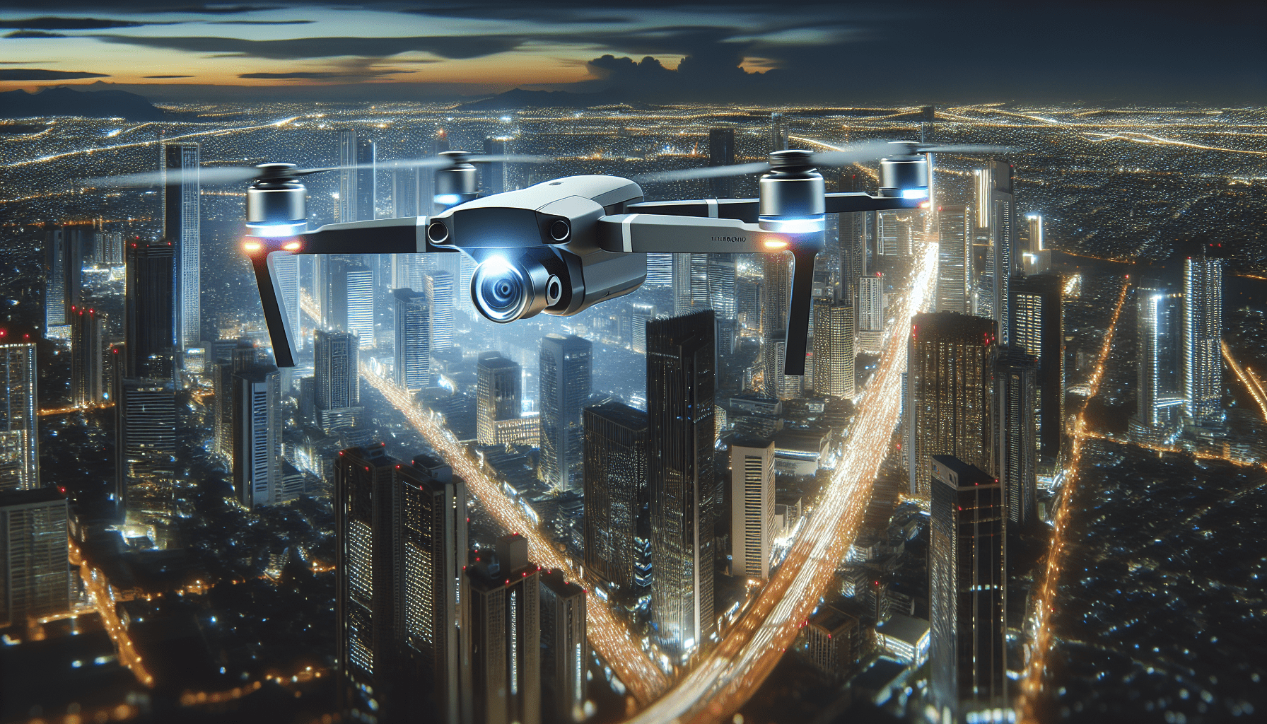 An advanced drone with AI technology flying above a city.