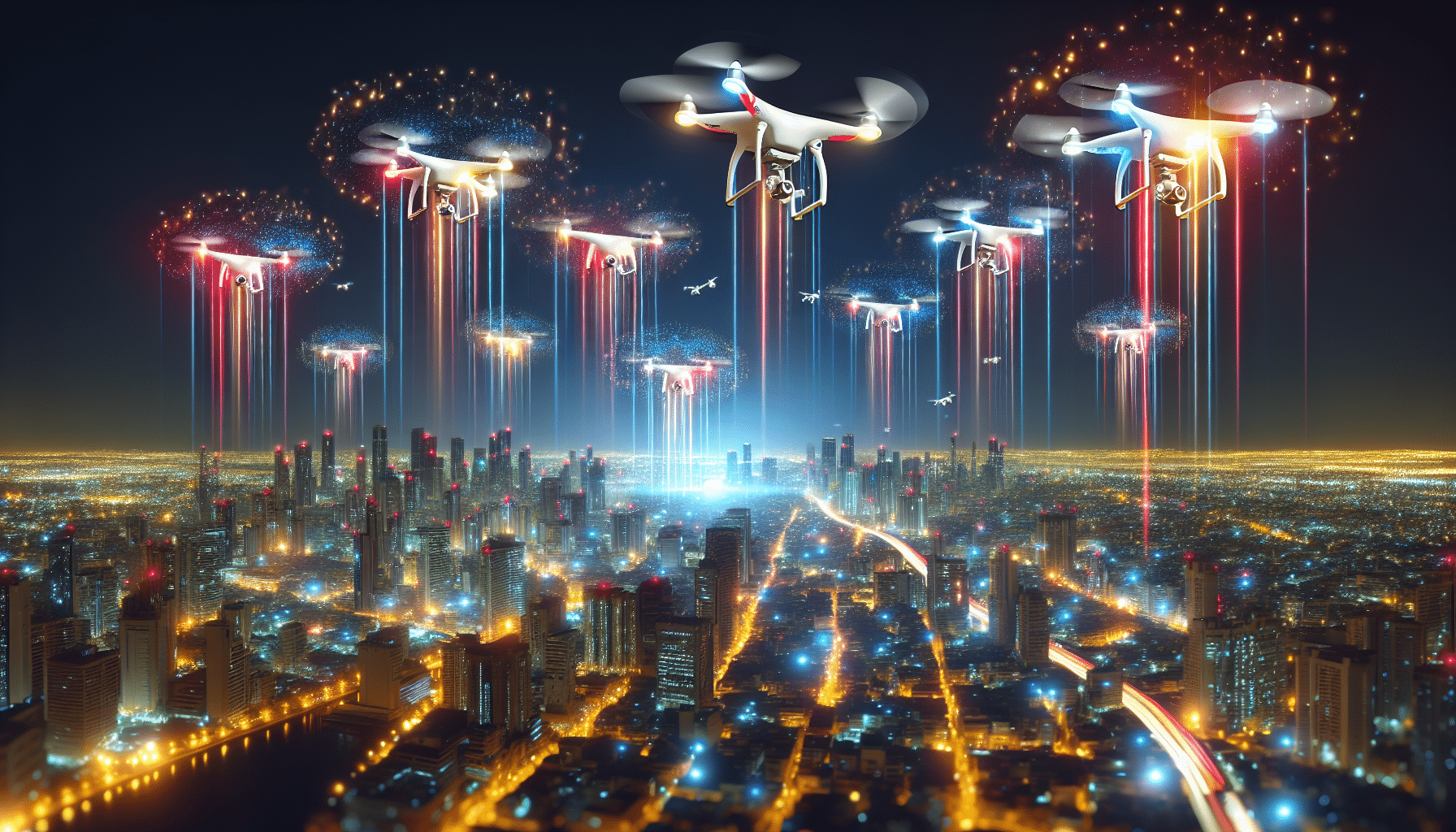 A mesmerizing aerial view of a drone light show creating patterns in the sky.