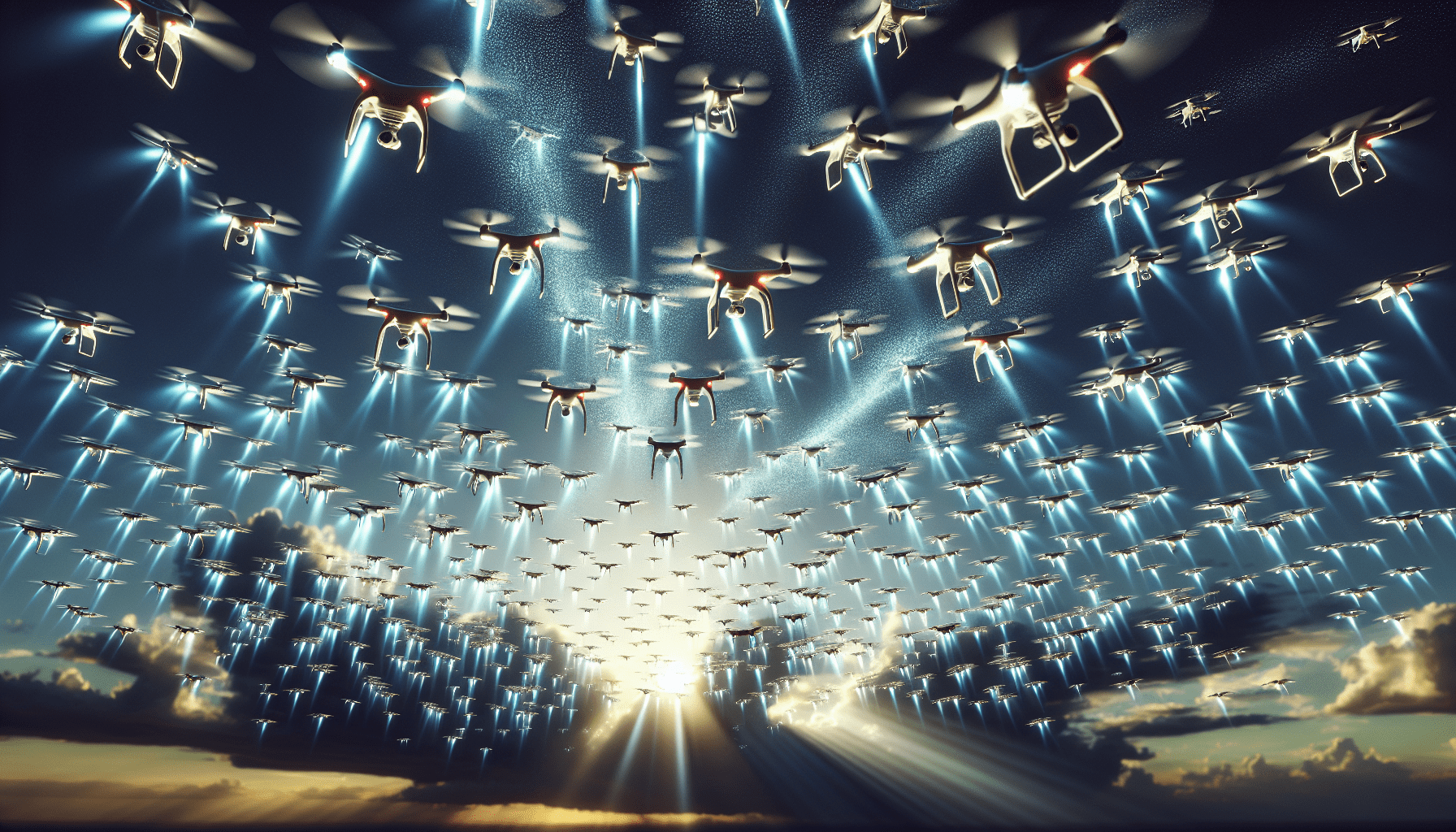 An illustration of multiple drones in a swarm formation, showcasing their coordination and technology.
