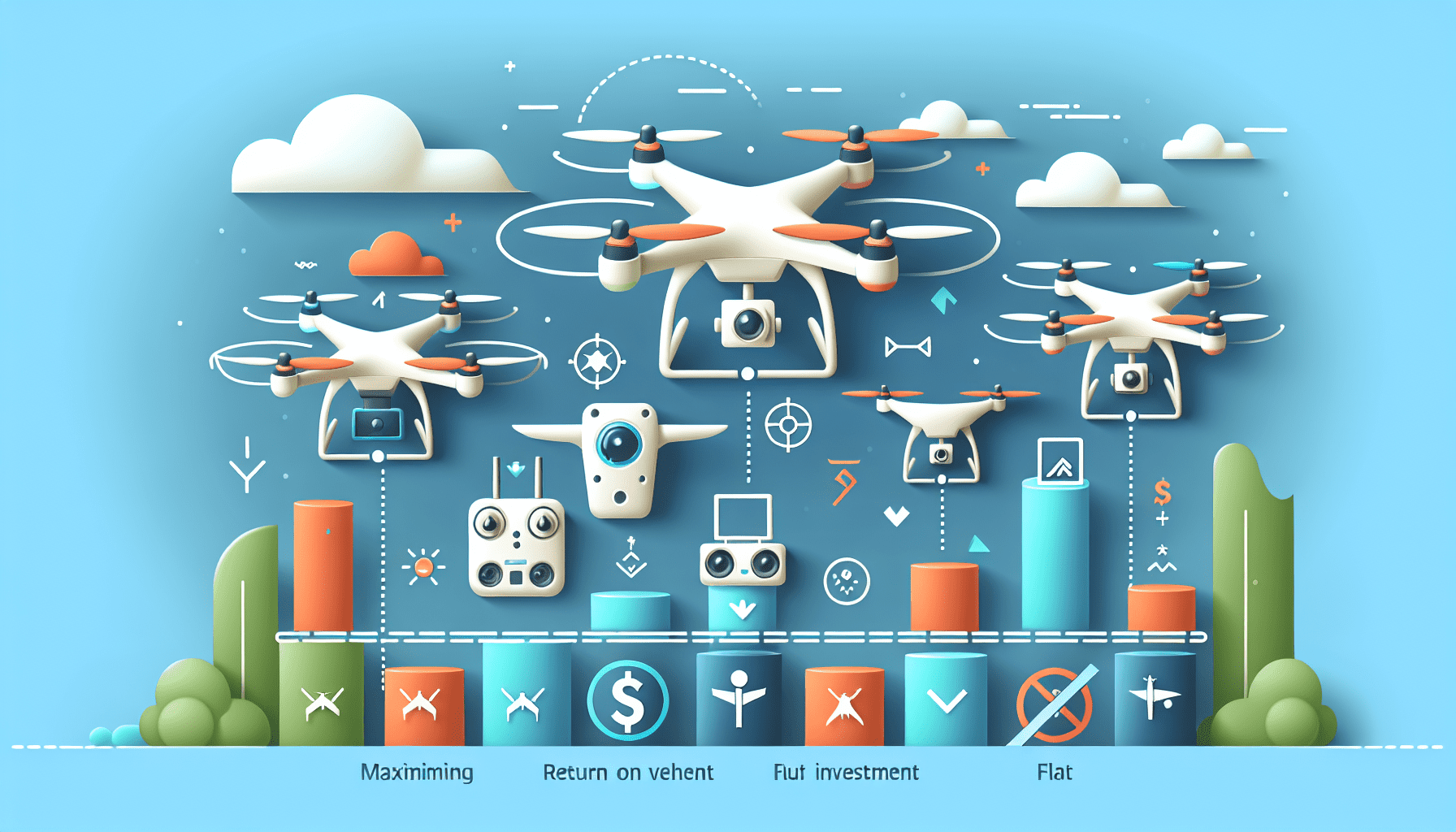 Illustration of professionals analyzing drones for ROI benefits in a business setting, showcasing graphs and drone selection.