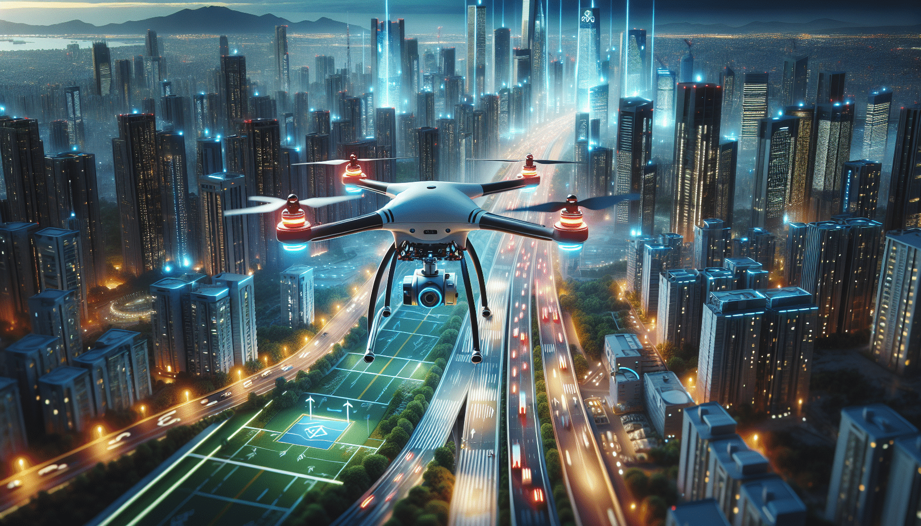 A drone flying over a futuristic cityscape, illustrating the impact of 5G technology on aerial vehicles.