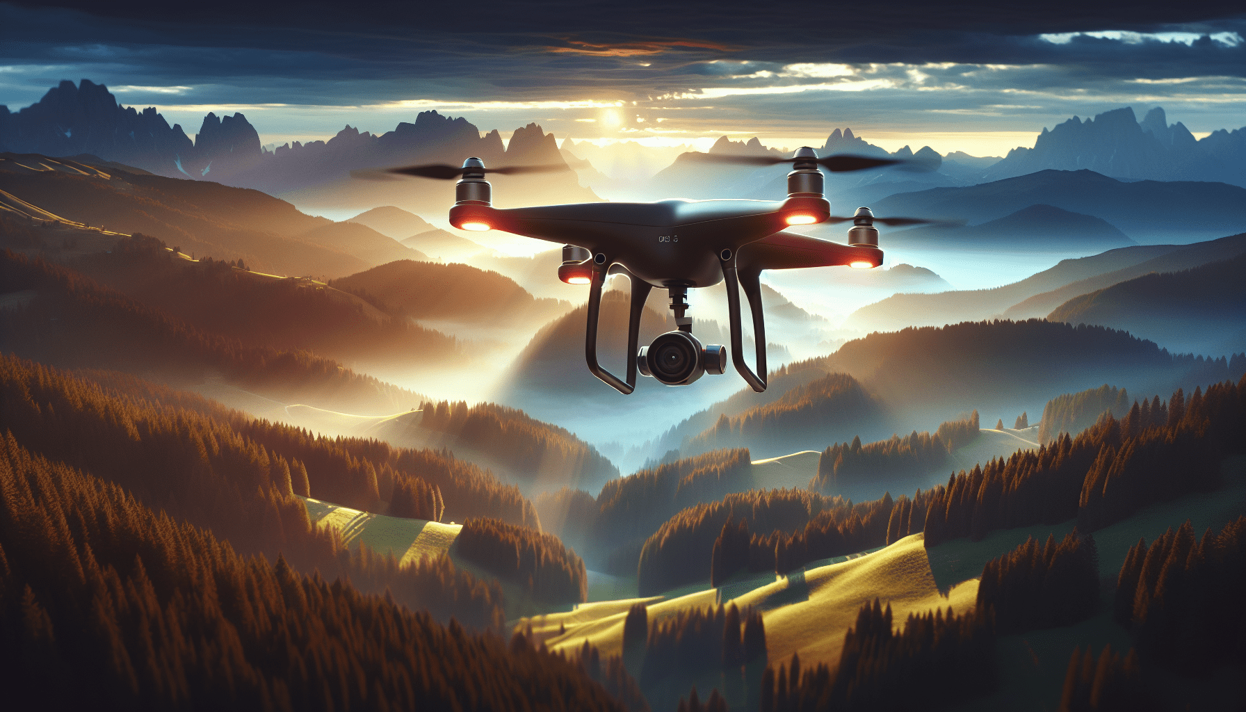 A drone capturing breathtaking aerial shots of a landscape, perfect for narrative filmmaking.