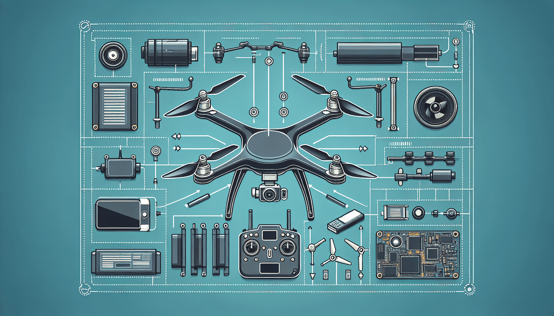 Illustration depicting high-quality drone accessories including propellers, batteries, filters, GPS trackers, and tool kits enhancing drone performance.