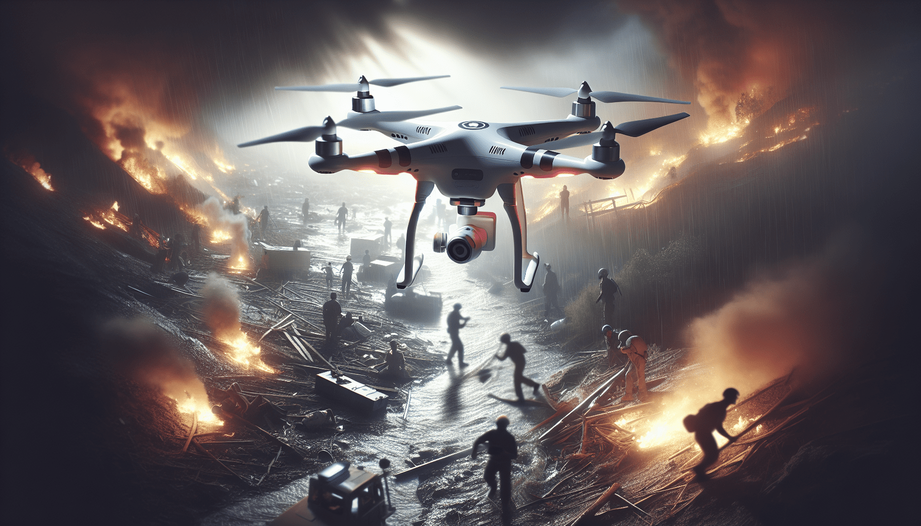 A drone surveying a disaster area with rescuers below, showcasing its role in emergency response.