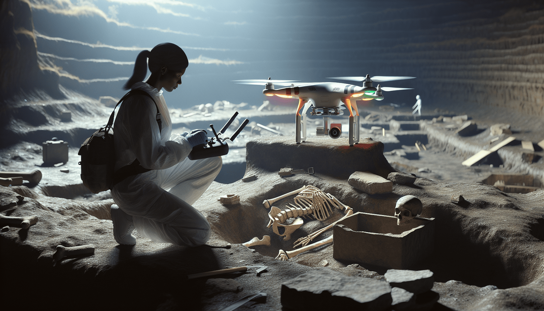 A drone capturing images of ancient archaeological ruins.
