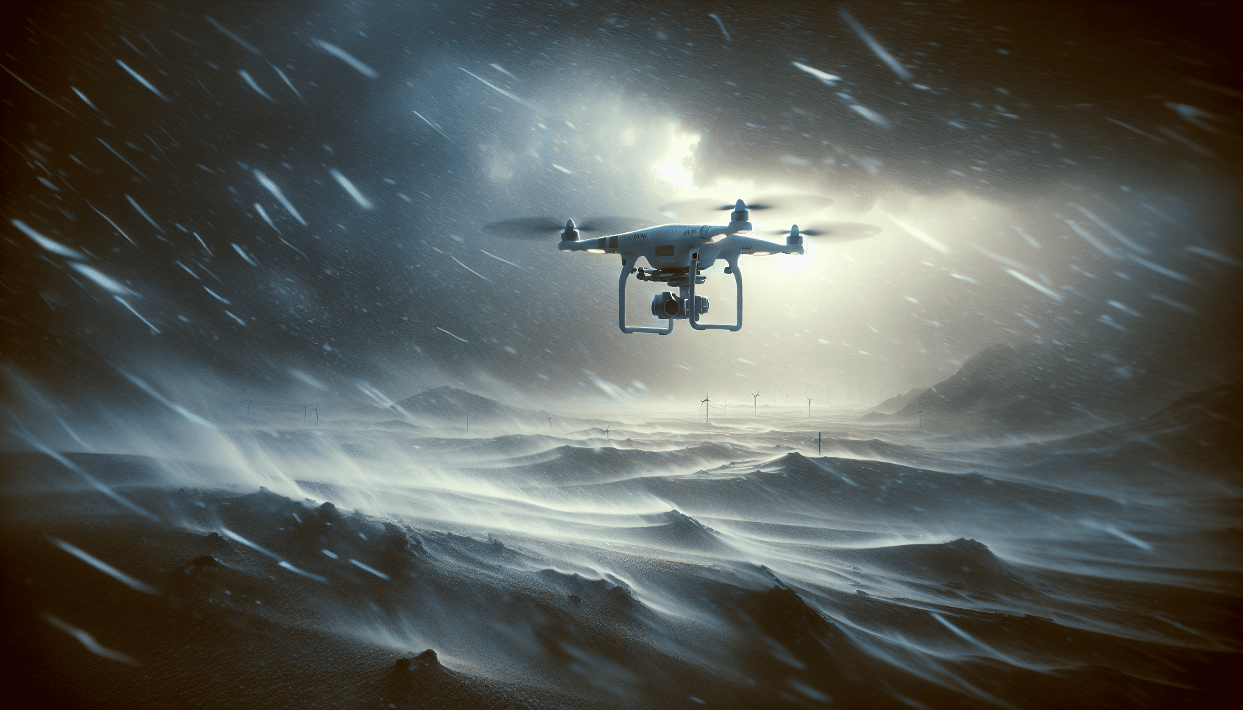 A drone in-flight during a rainstorm, demonstrating weather adaptation.