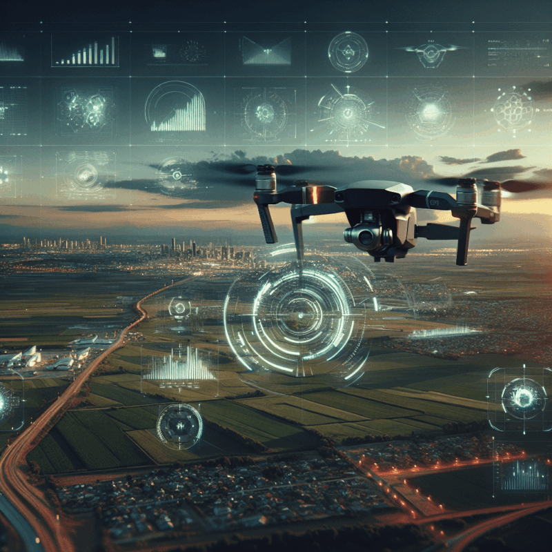Illustration of aerial data innovation with drones over farmland, cities, and infrastructure projects showcasing cross-industry use cases.