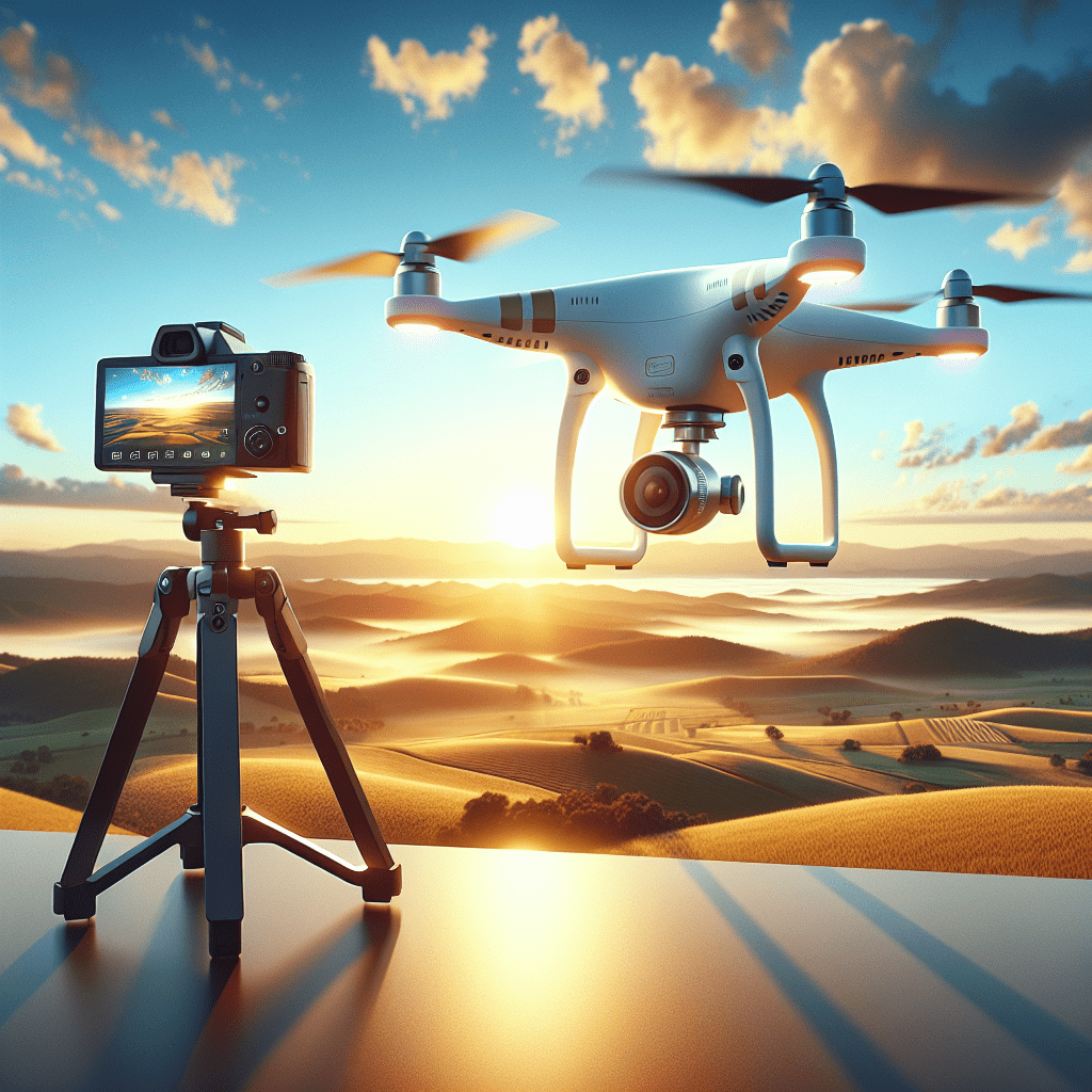 Aerial Photography Drones hovering at golden hour with crisp landscape, showcasing SkyCam Pro's imaging capability.