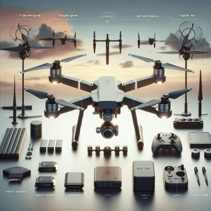 Aero 2 upgrades including batteries, memory cards, propeller guards, and controllers showcased for improved drone performance.