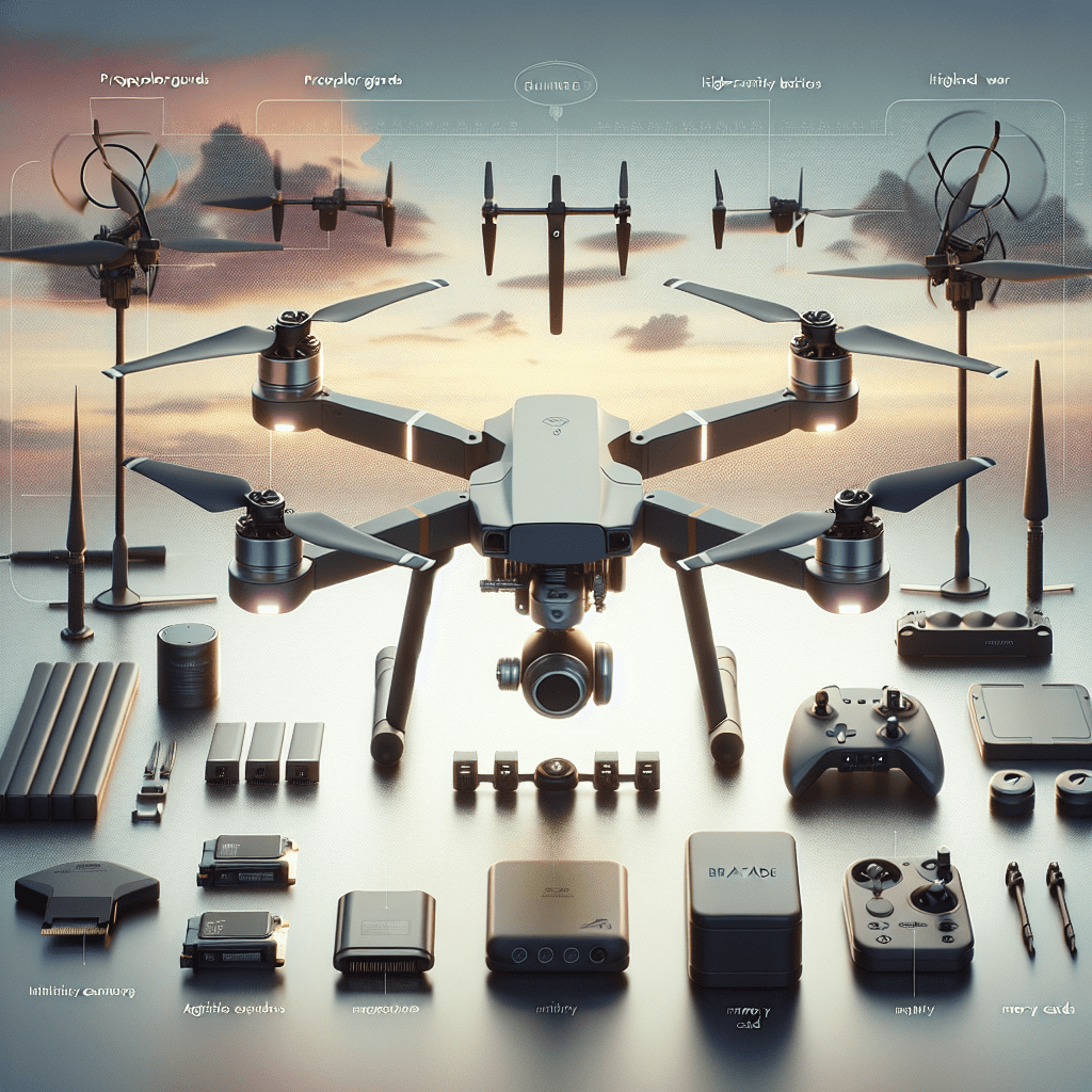 Aero 2 upgrades including batteries, memory cards, propeller guards, and controllers showcased for improved drone performance.