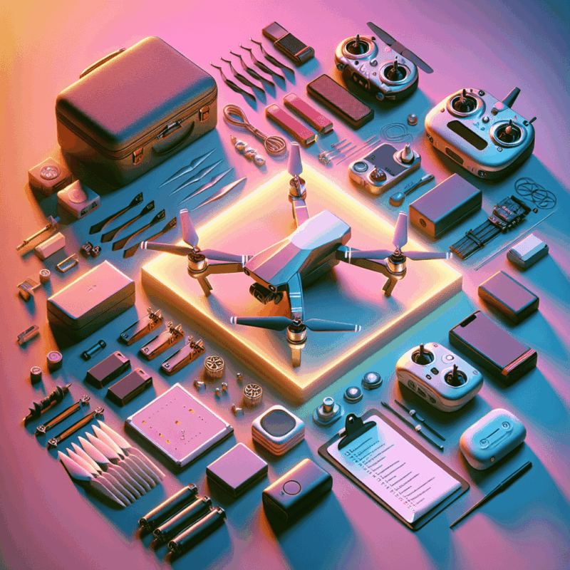 Aero2 Preorder Preparation visual showing drone gear, packed batteries, props, and checklist workspace before flying.