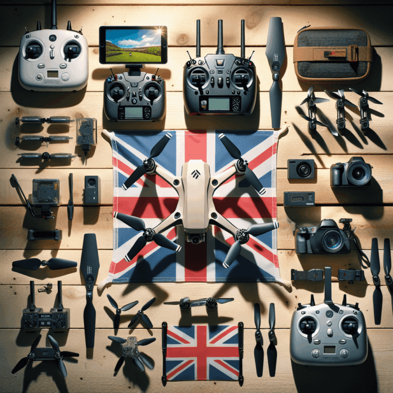 Affordable FPV Drones UK under £150 shown in action-oriented flat-lay style on wood background with accessories and UK flag accents