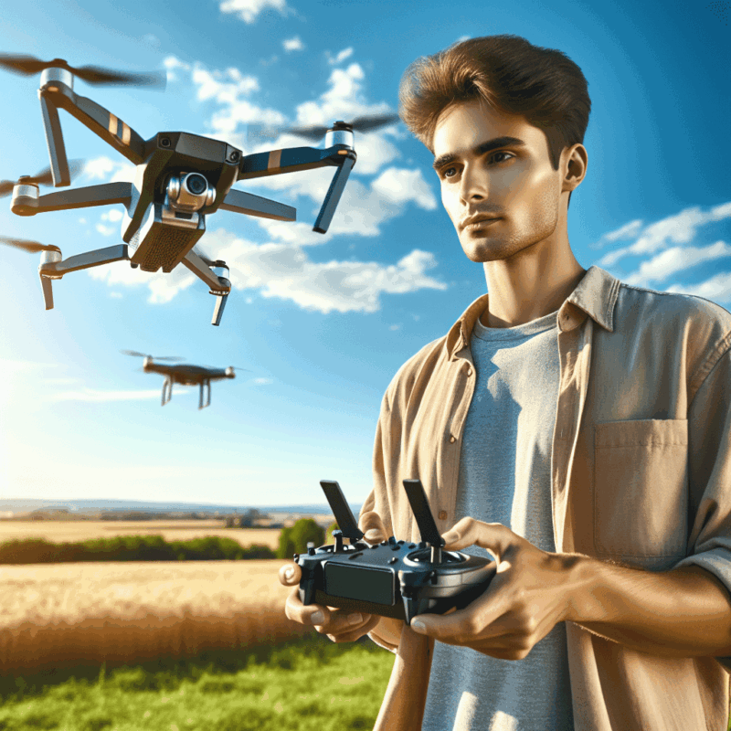 Beginner drone flying in an open field with a confident young pilot controlling a compact drone in clear blue skies.