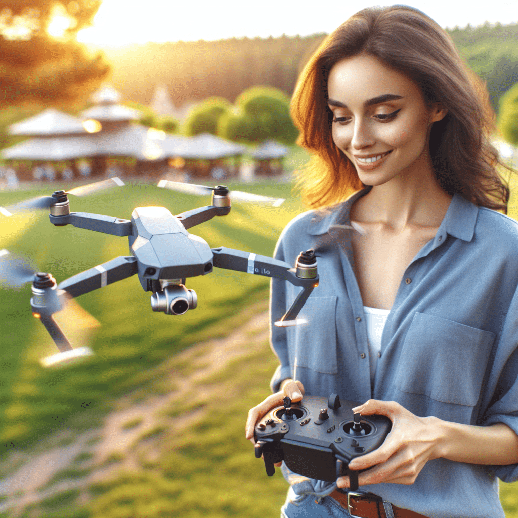 Beginner drones like the Aero 3 Lite shown flying over a park with a smiling new pilot controlling it from the ground in daylight.