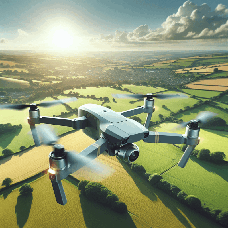 Beginner Drones UK flying over scenic British countryside in 2024, showcasing affordable camera drone in mid-flight