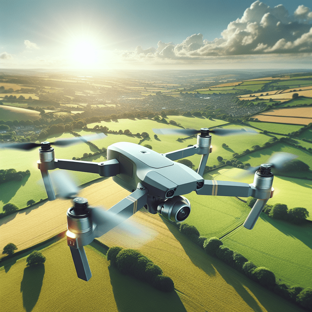 Beginner Drones UK flying over scenic British countryside in 2024, showcasing affordable camera drone in mid-flight
