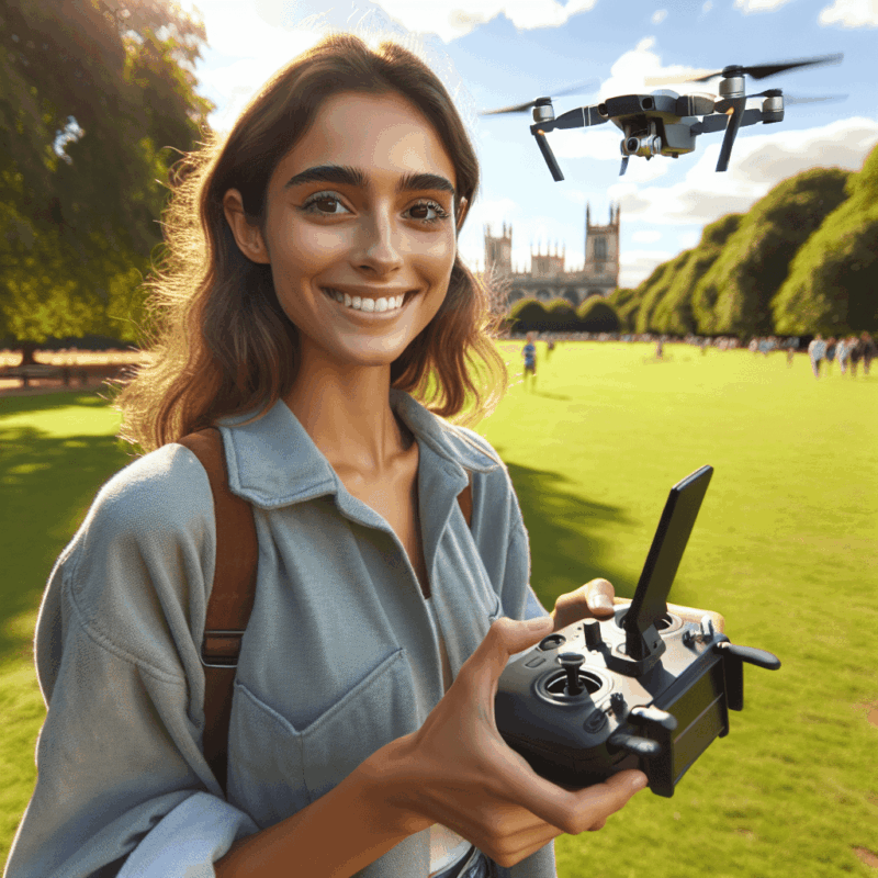 Beginner Drones UK – Aero 1 Lite drone flying in a UK park, controlled by a smiling first-time pilot, legal and easy-to-use starter drone.