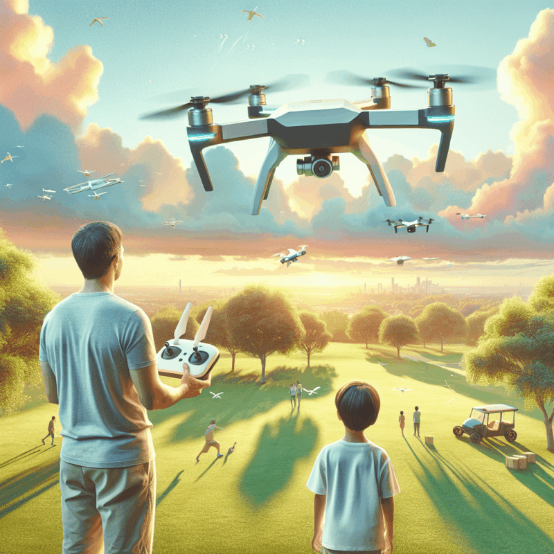 Beginner Drones like the Aero 1 Lite shown hovering stably above a park with simple controls and family-friendly design in focus.