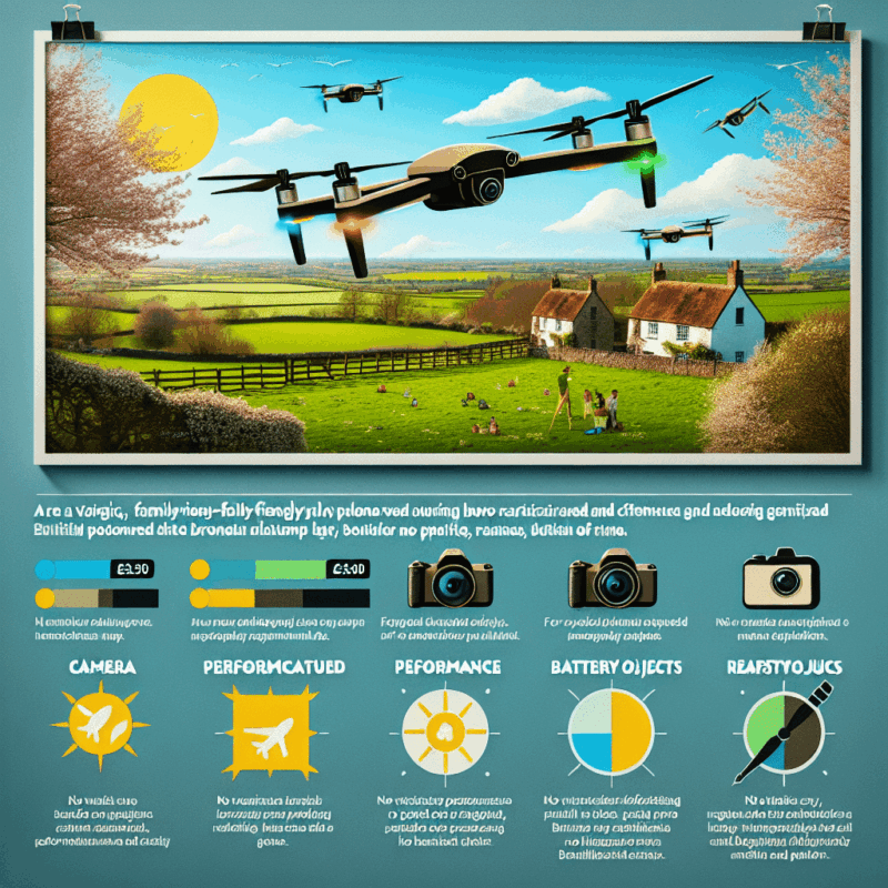 Budget Drone Comparison of Memaero and DJI models flying above UK countryside in 2024 showing price, camera and feature icons.
