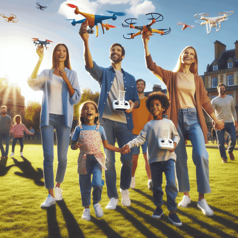 Budget Drones UK: A happy family flying colorful beginner drones in a sunny UK park, showcasing affordable drone fun.