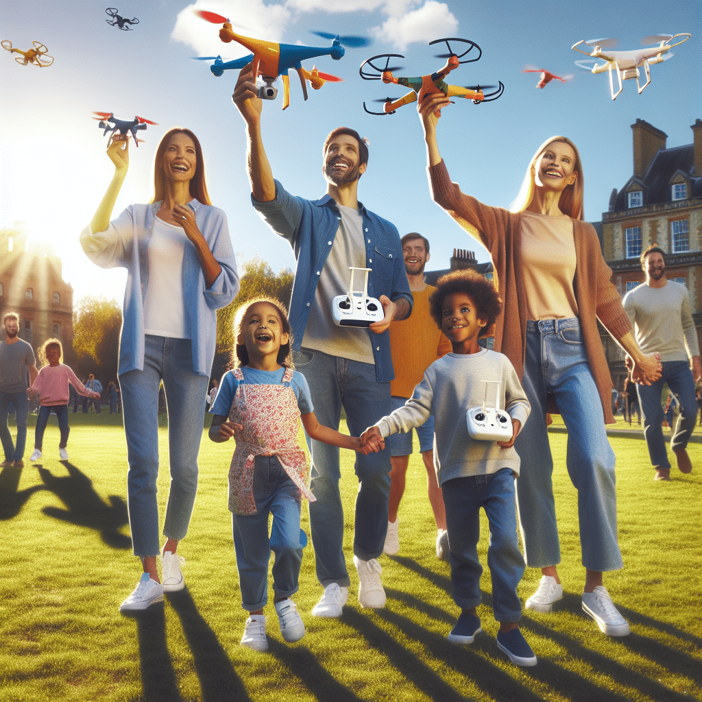 Budget Drones UK: A happy family flying colorful beginner drones in a sunny UK park, showcasing affordable drone fun.
