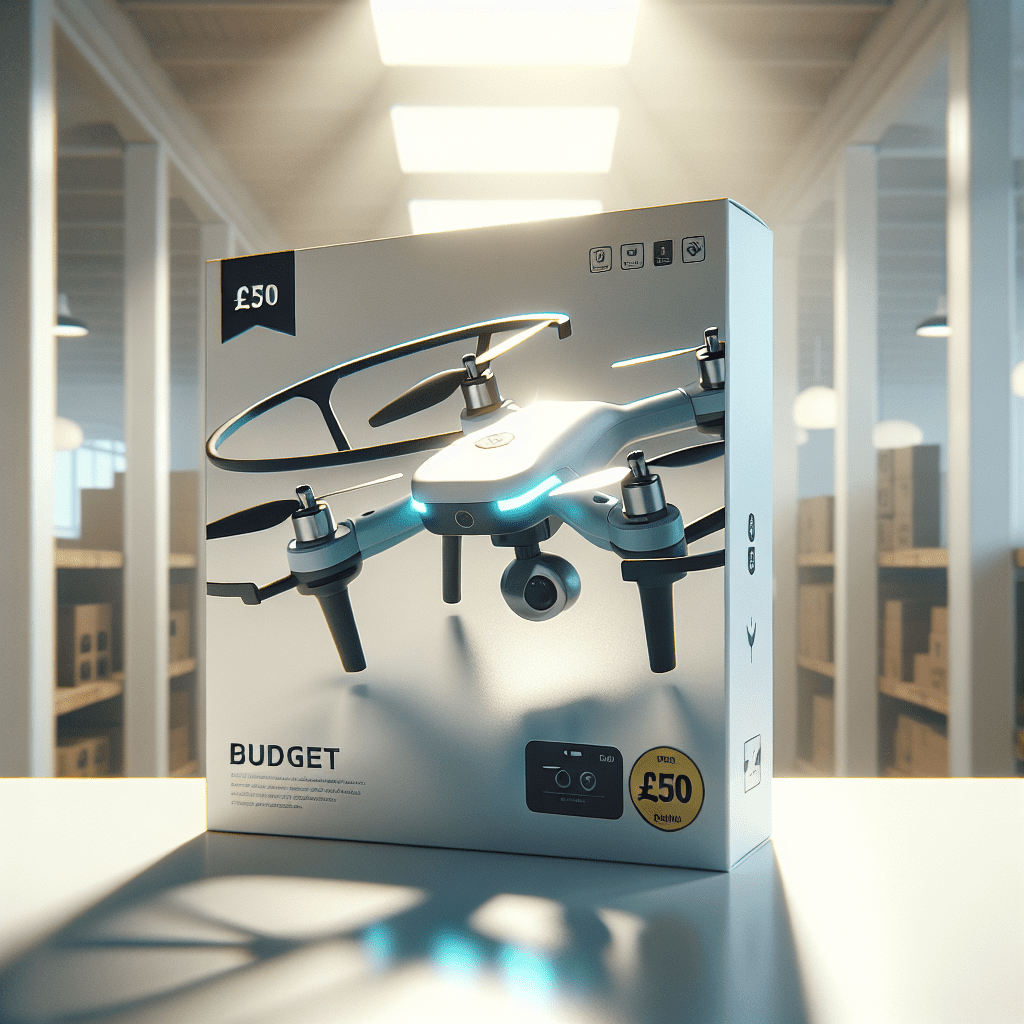 Cheap Drones under £50 hovering indoors, showcasing compact drone design, basic camera, and beginner-friendly features.