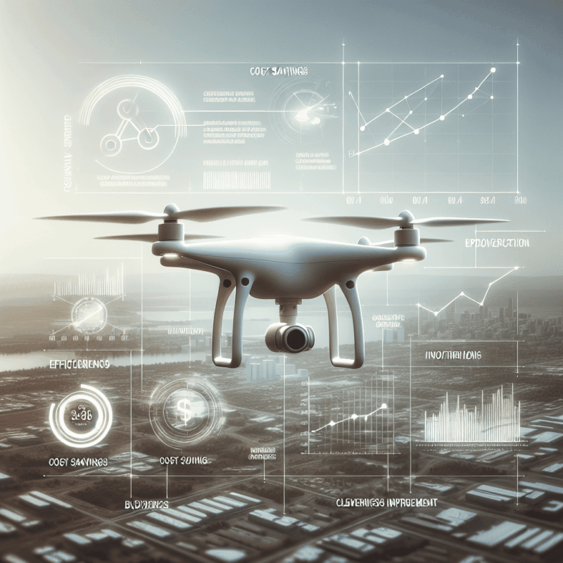 A modern MEMAERO drone hovering over a business site, illustrating cost-benefit analysis through visual efficiency and ROI cues.