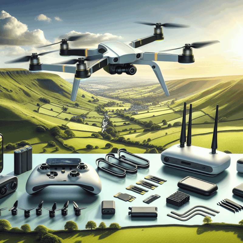 Top drone accessories UK guide for 2024 showing controllers, propeller guards, memory cards, and drones in outdoor UK landscapes.