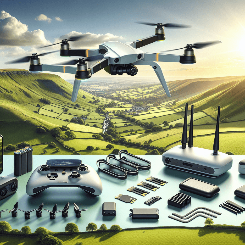 Top drone accessories UK guide for 2024 showing controllers, propeller guards, memory cards, and drones in outdoor UK landscapes.